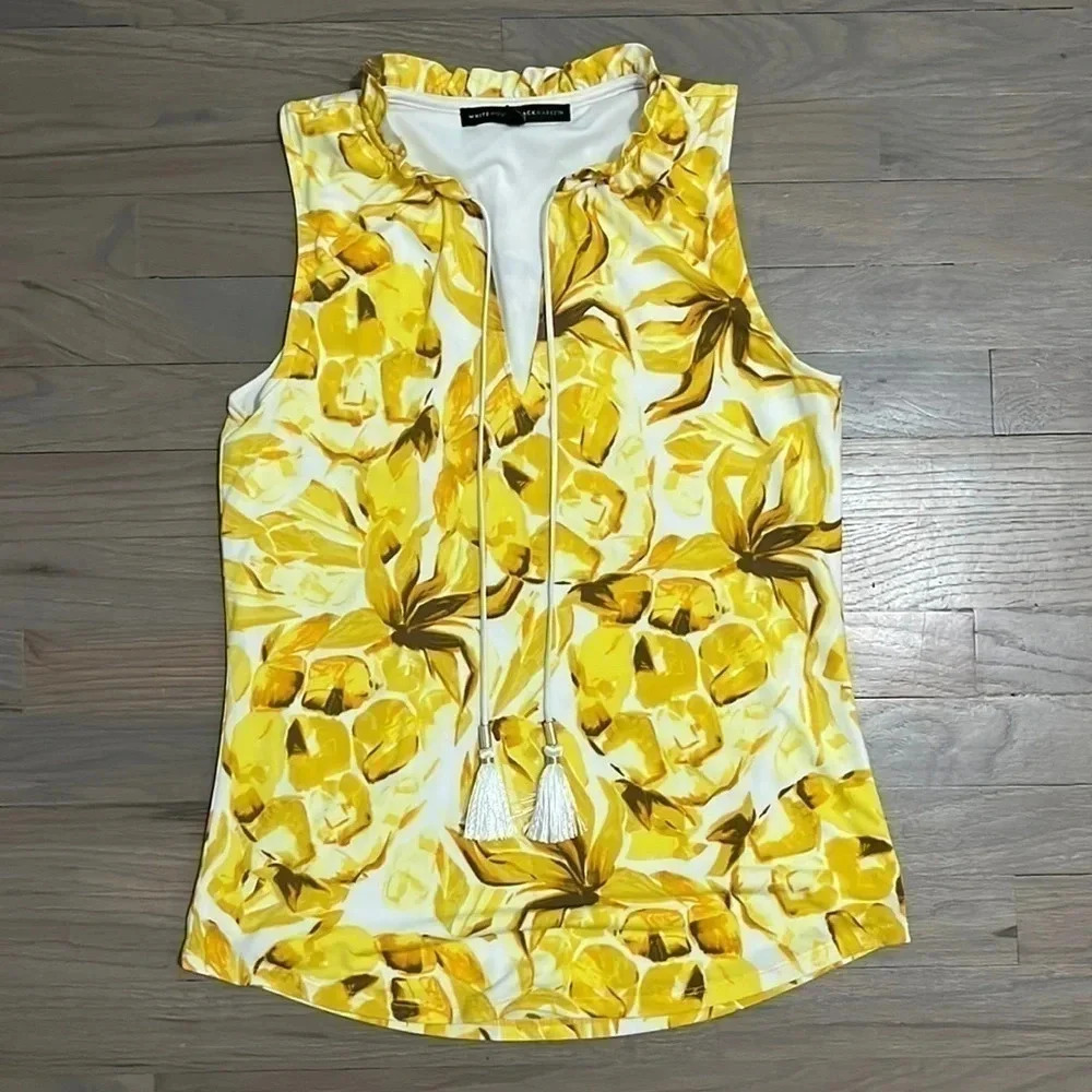 WHITE House Black Market Yellow & White Floral Sleeveless Tassel Tank Small
